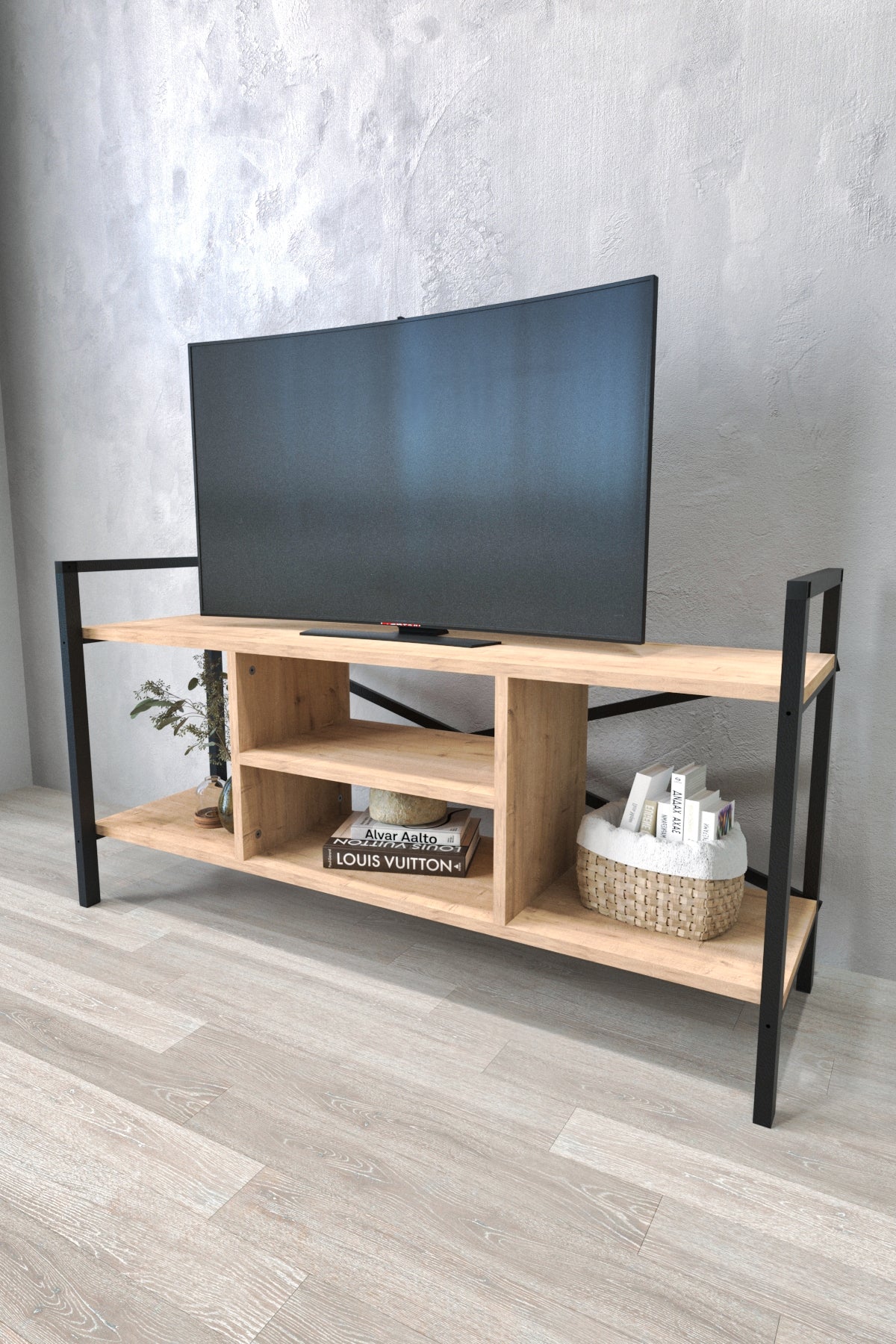 Mesa de tv de estilo industrial con estantes