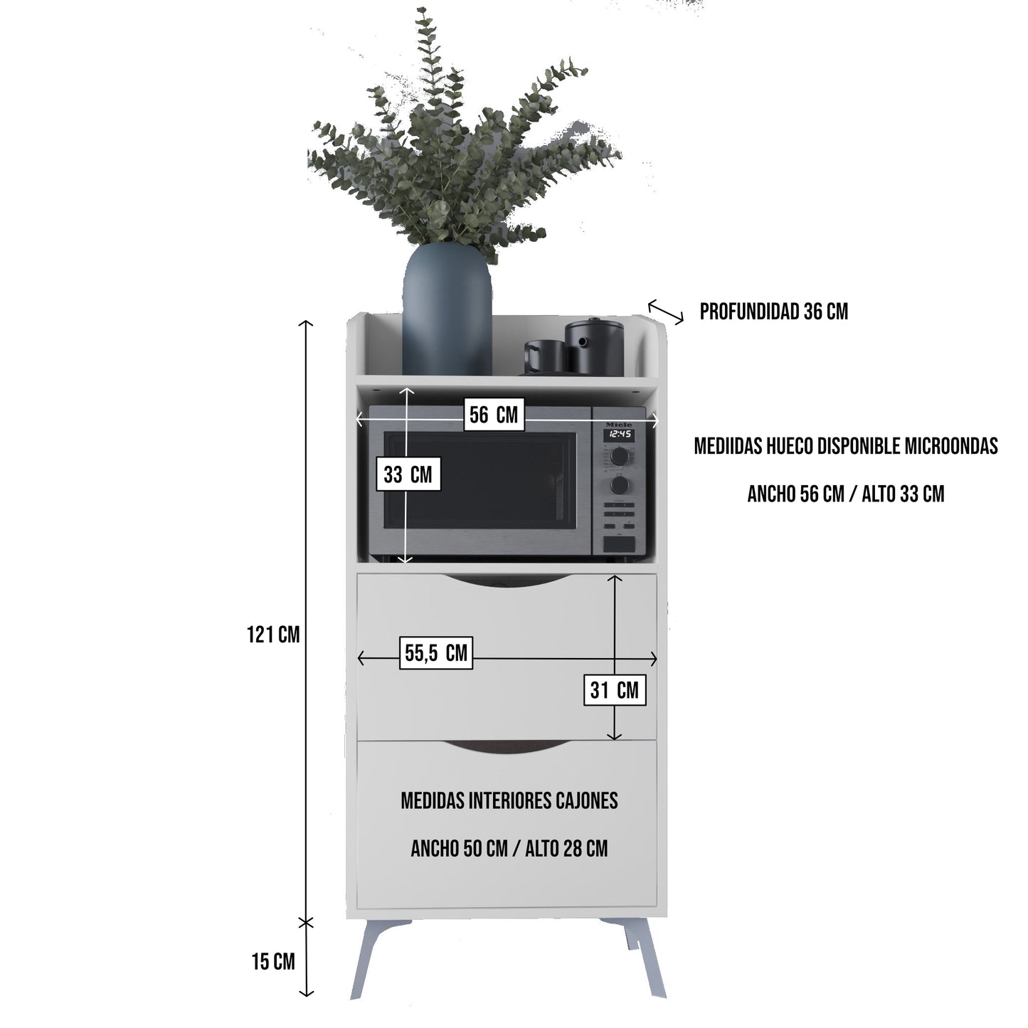 Armario alacena con cajones y hueco para microondas (Alto 136 / Ancho 60 / Fondo 36) en color Blanco