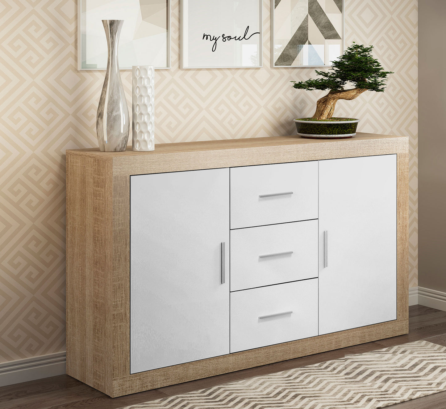 Buyqualia Aparador Moderno de 2 Puertas y 3 Cajones - Cambrian Blanco - 134x78x35 cm