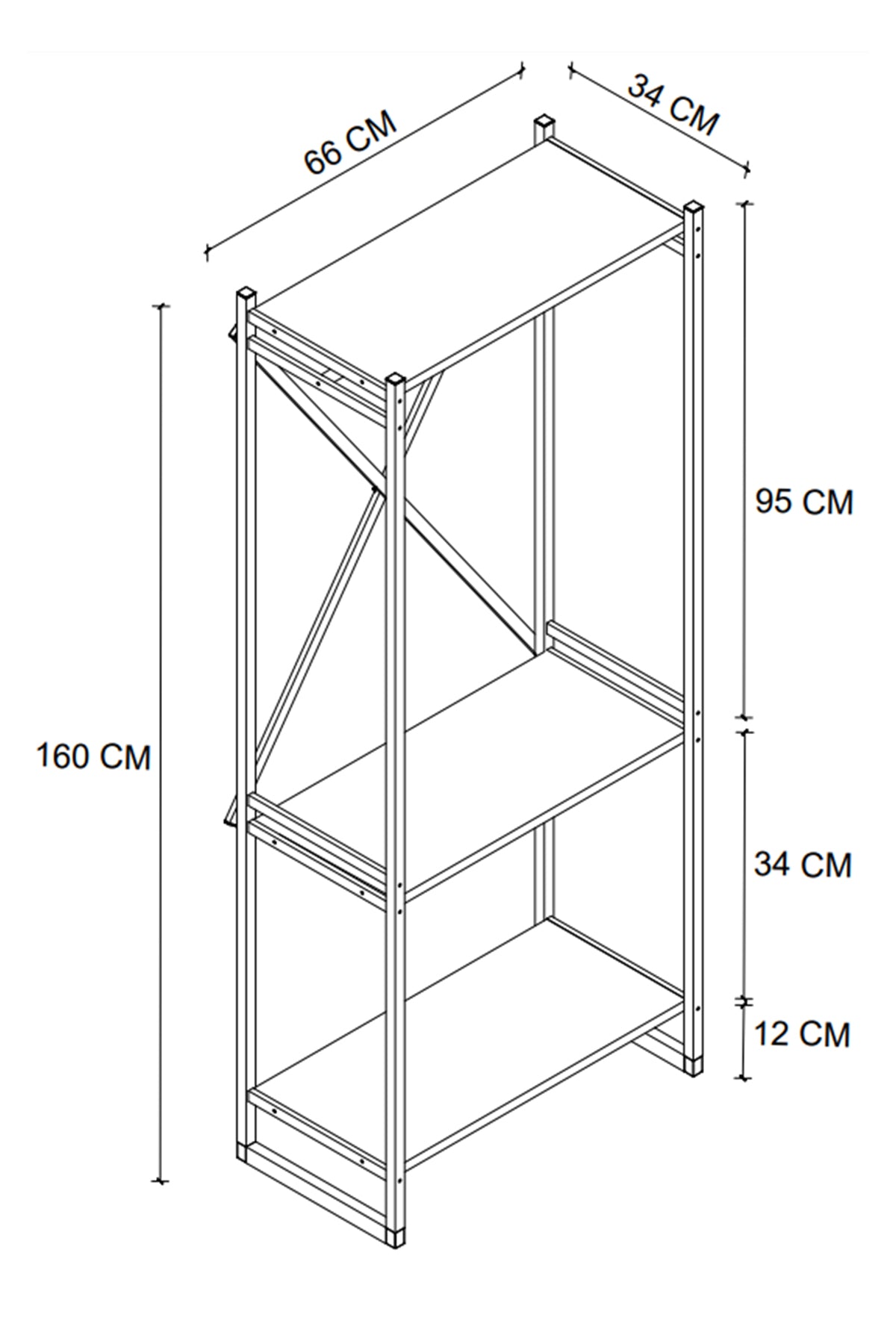 Buyqualia Mueble recibidor de Estilo Industrial con estantes y Barra para Colgar en melamina y Estructura de Acero en Negro (Alto 160 / Ancho 66 / Fondo 34) cm
