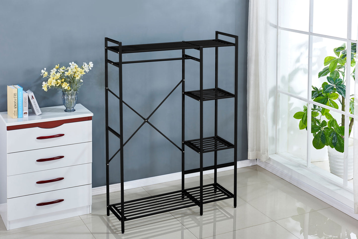 Estantería Metálica de Almacenamiento con 5 Niveles | Organizador Vertical Multifuncional con Balda Lateral - Color Negro - 172x125x40 cm - Buyqualia
