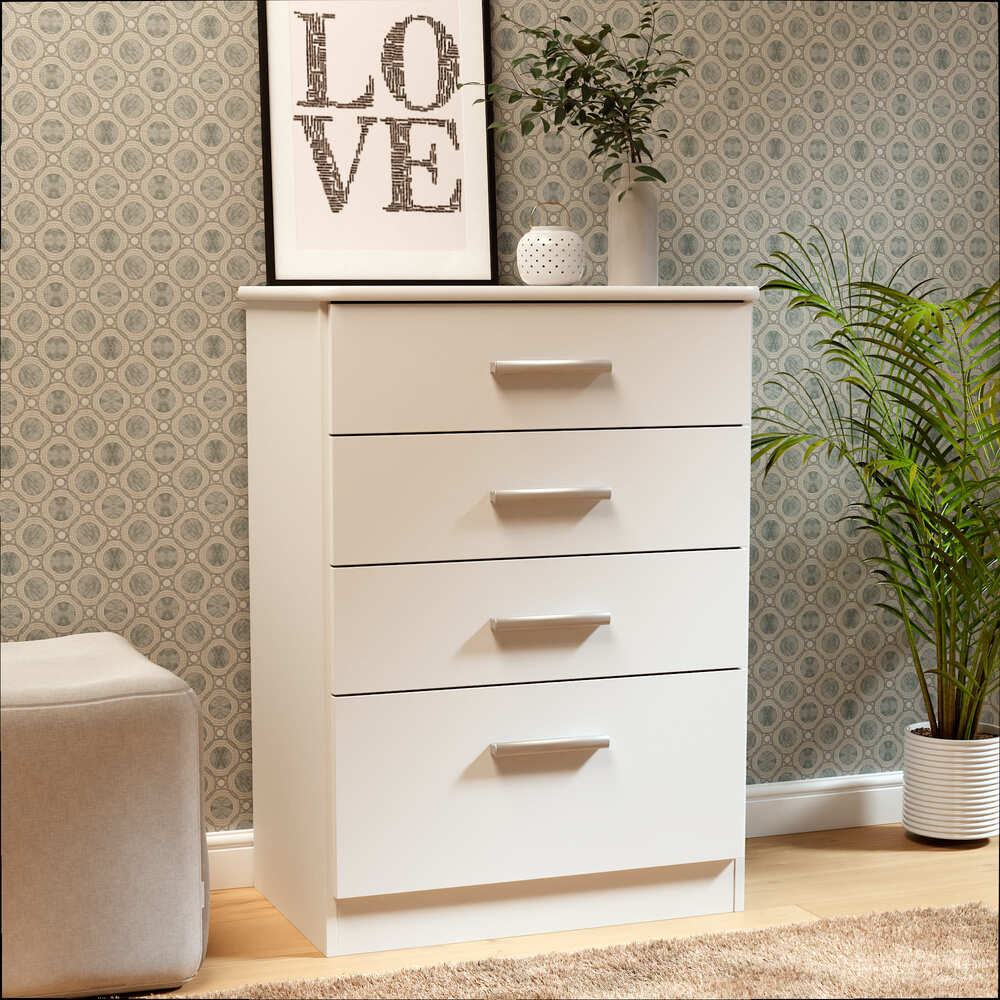 Buyqualia - Comoda para Dormitorio 4 cajones, Blanco Snow, 86x61x38