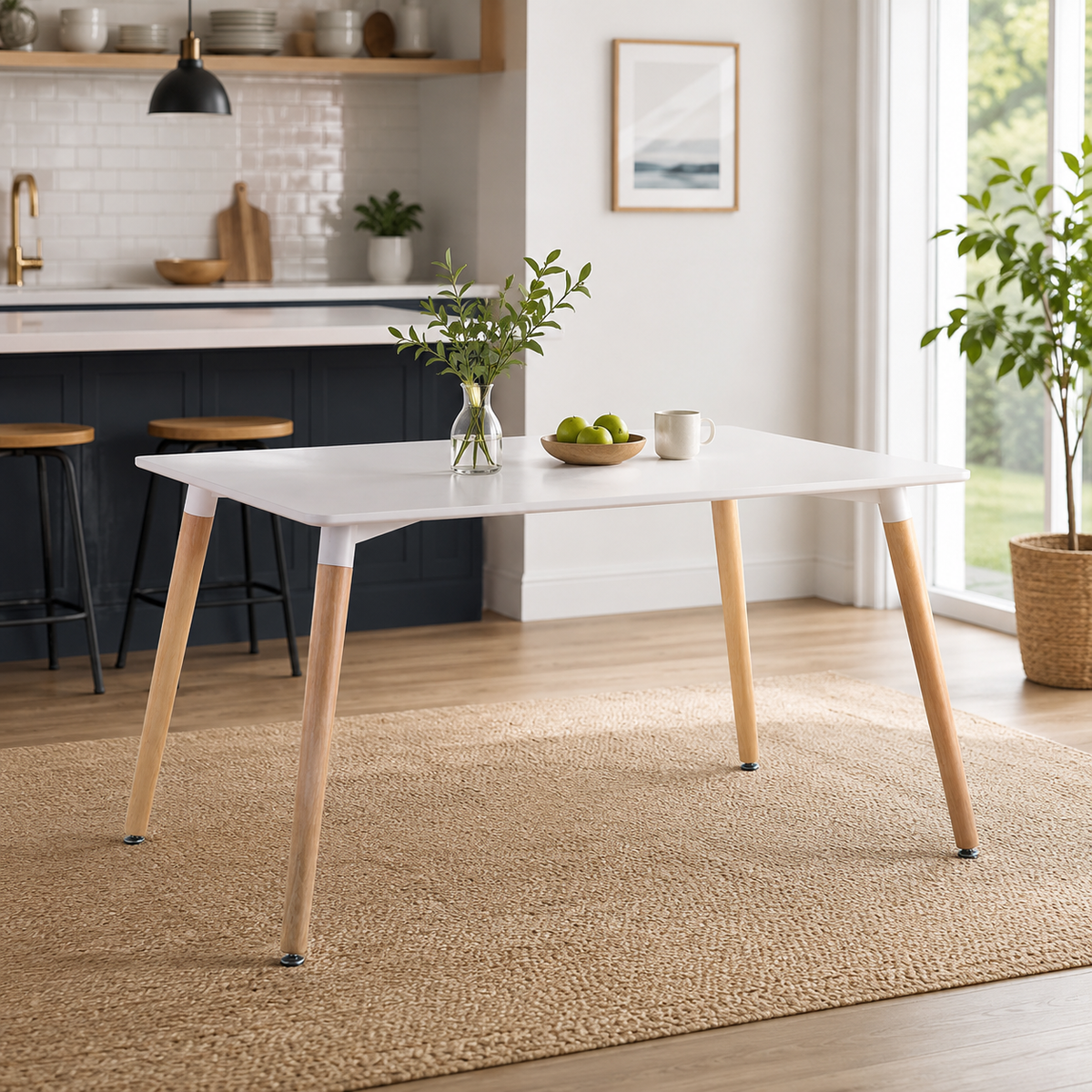 Mesa de comedor rectangular blanca con patas en color madera natural Estilo nórdico