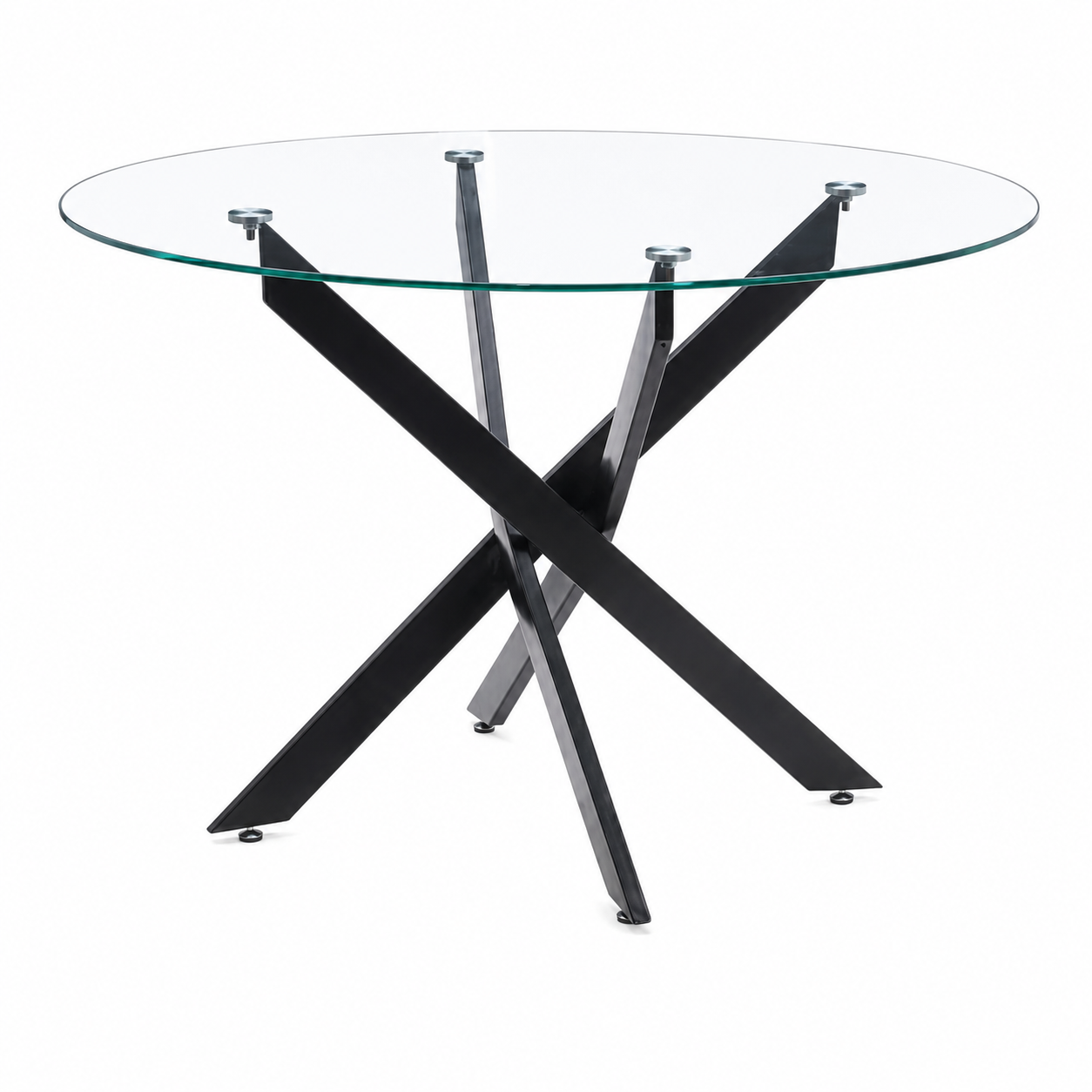 Mesa de comedor redonda con tapa de cristal y patas de metal negro – Diseño moderno y elegante, 75x110x110 cm - Buyqualia