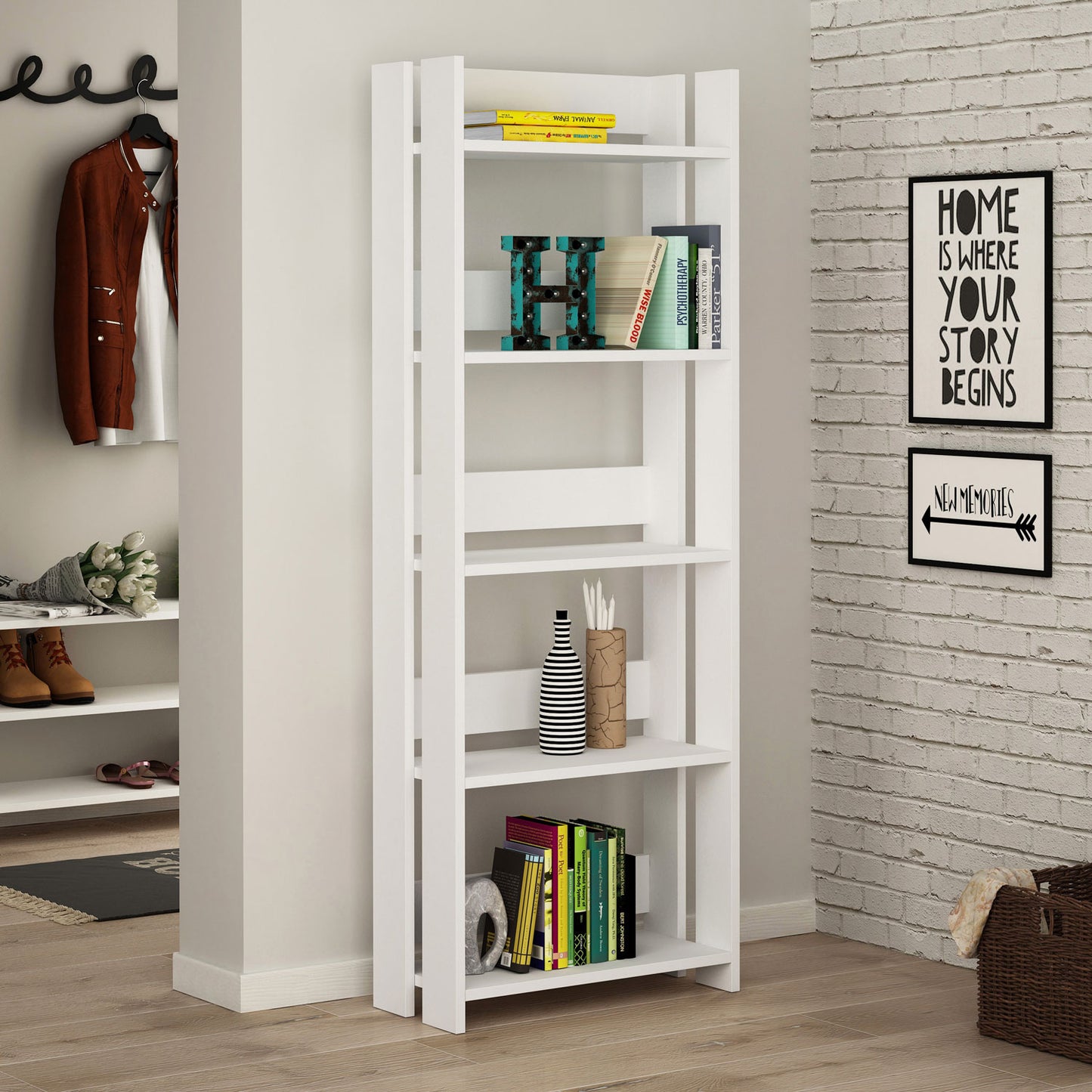 Buyqualia Mueble librería con estantes con Fondo reducido para Espacios pequeños en Color Blanco (Alto 155 / Ancho 57 / Fondo 25) (Blanco)