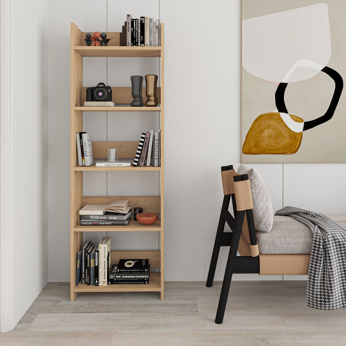 Buyqualia Mueble librería con estantes con Fondo reducido para Espacios pequeños en Color Blanco (Alto 155 / Ancho 57 / Fondo 25) en color Blanco y Roble