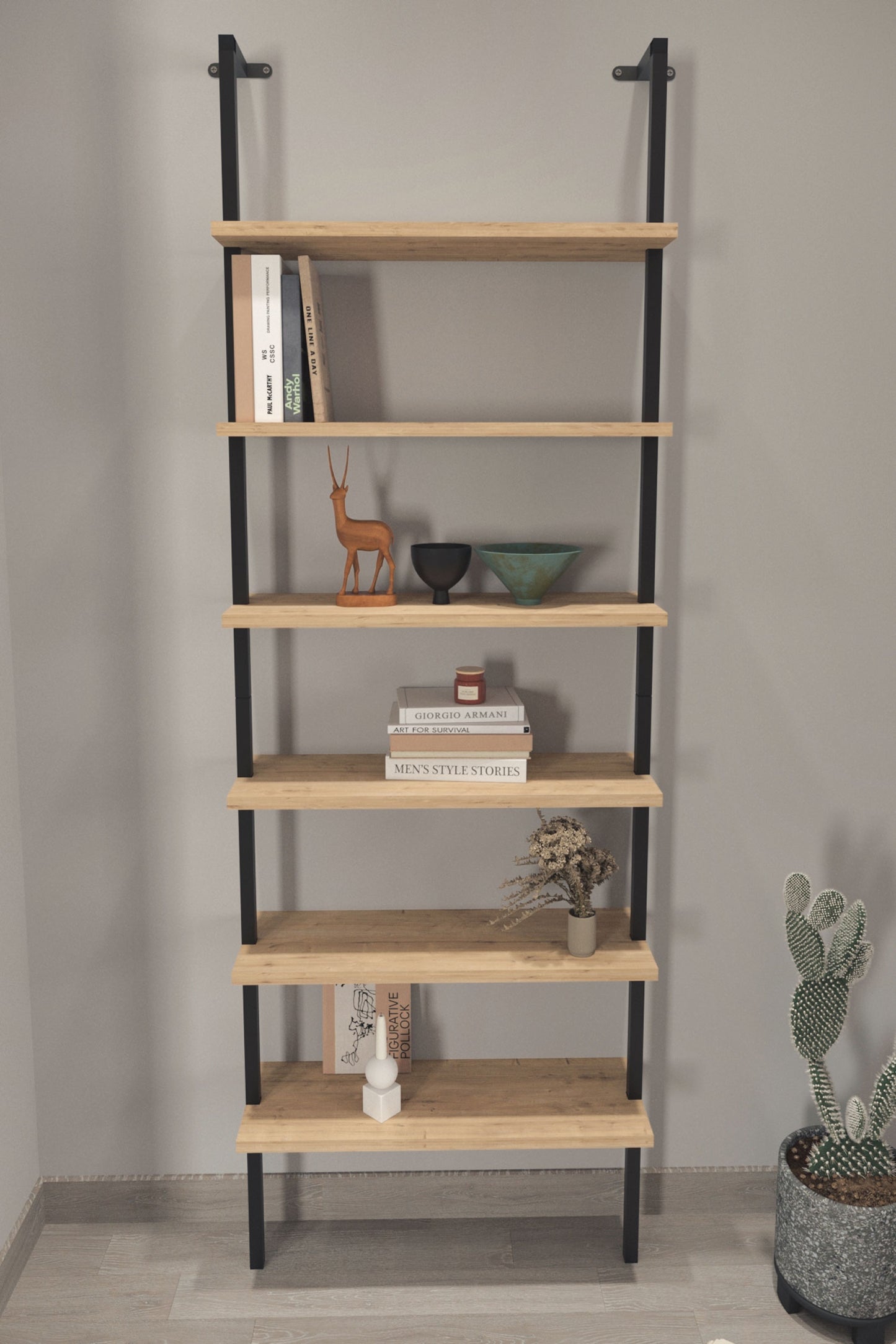 Buyqualia Estantería de Pared de Estilo Industrial con baldas en melamina Color safir y Estructura de Acero en Negro (Alto 183 / Ancho 60 / Fondo 20) cm