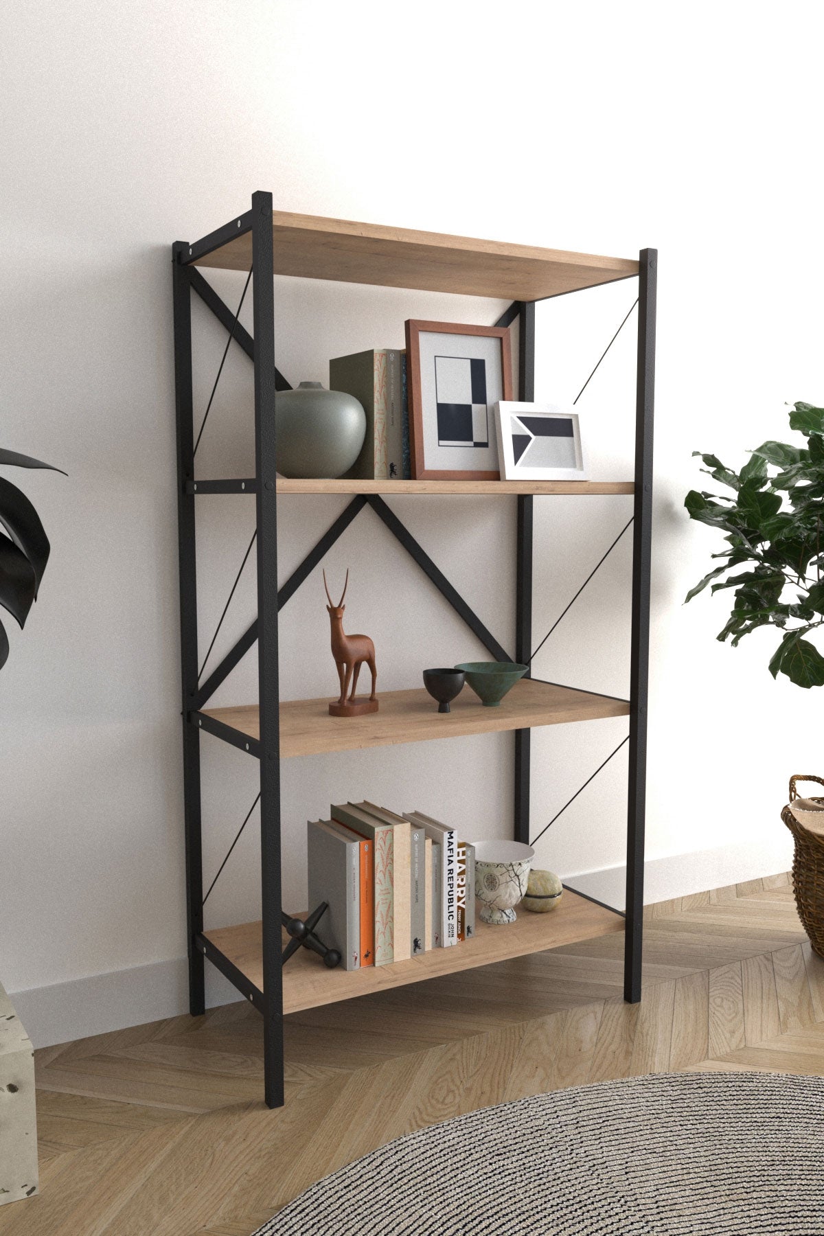 Estantería Estilo Industrial – 121x66x34 cm – Estantes en Melamina Color Safir y Estructura Metálica Negra – Mueble Versátil Buyqualia