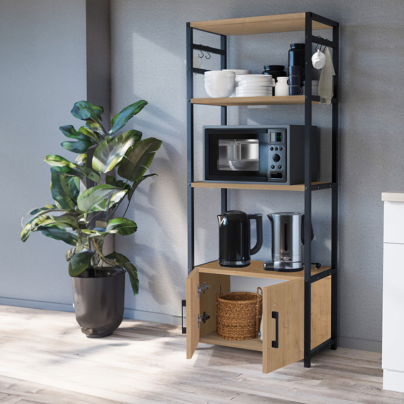 Estantería Alta de Estilo Industrial 4 Baldas Abiertas + Armario Inferior con Puertas Ideal para Estación de Café o Microondas