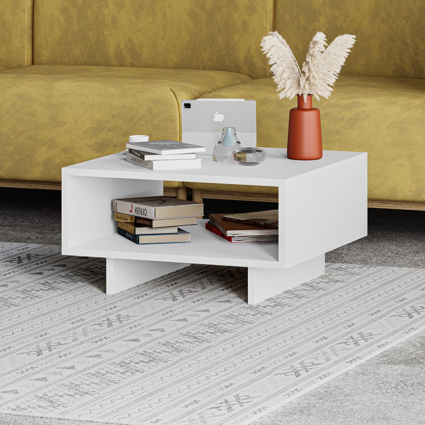 Buyqualia Mesa de Centro Auxiliar multifunción con Hueco para Almacenamiento (Alto 32 / Ancho 60 / Fondo 60) en Color (Blanco)