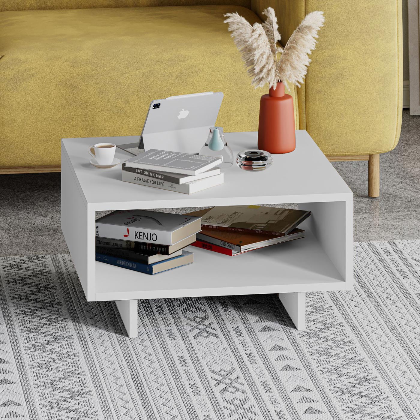 Buyqualia Mesa de Centro Auxiliar multifunción con Hueco para Almacenamiento (Alto 32 / Ancho 60 / Fondo 60) en Color (Blanco)