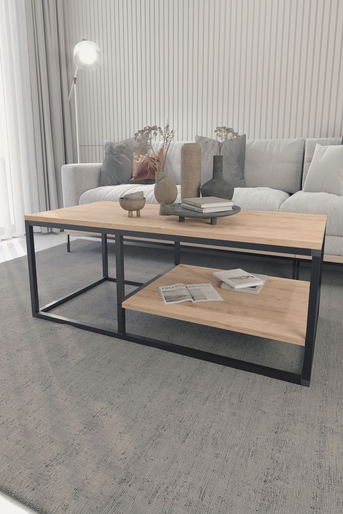 Buyqualia Mesa de Centro Rectangular de Estilo Industrial con revistero en melamina y Acero Color safir - Negro (Alto 42 / Ancho 105 / Fondo 50)