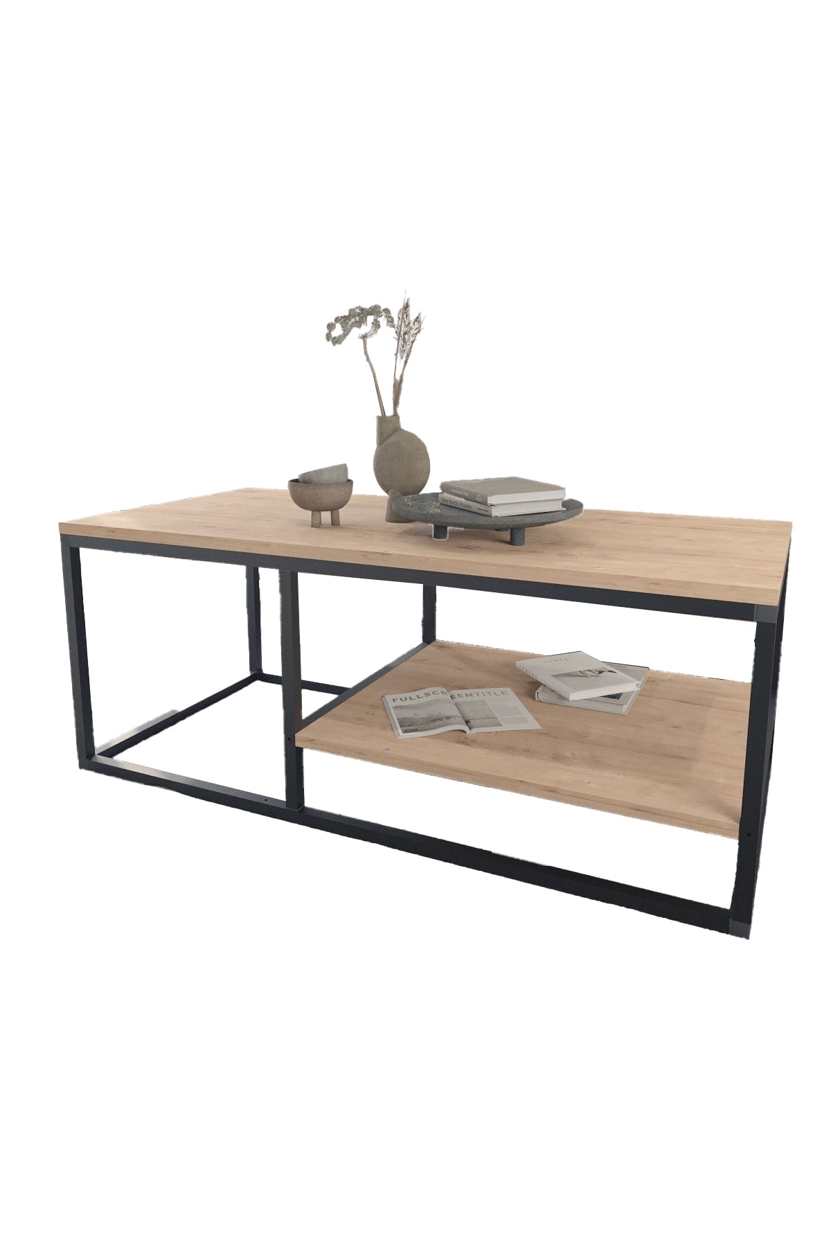 Buyqualia Mesa de Centro Rectangular de Estilo Industrial con revistero en melamina y Acero Color safir - Negro (Alto 42 / Ancho 105 / Fondo 50)