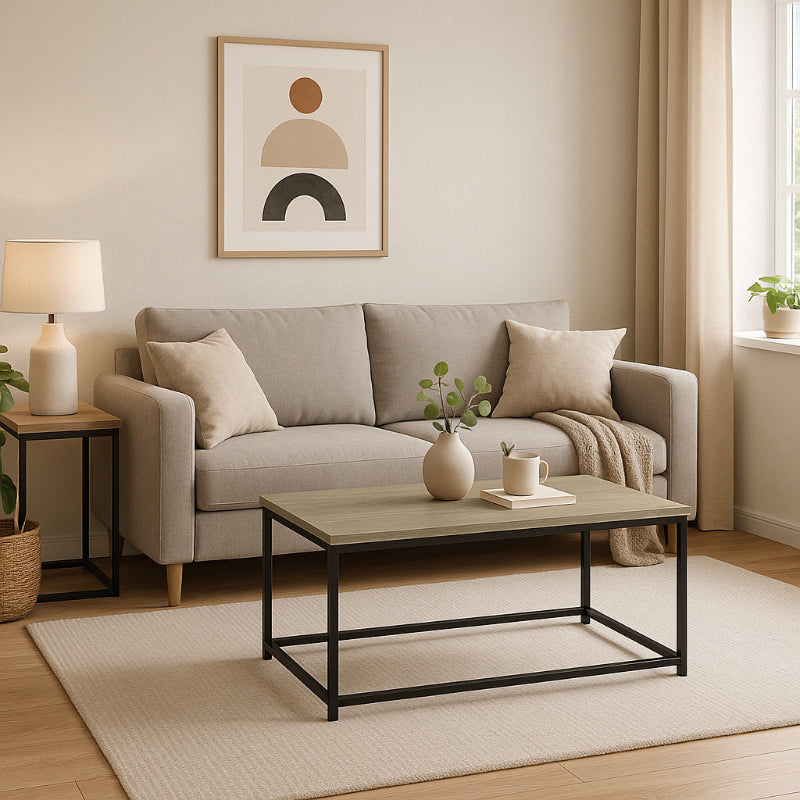 Mesa de Centro Estilo Industrial Rectangular En Melamina Color Roble y Patas de Acero Negro