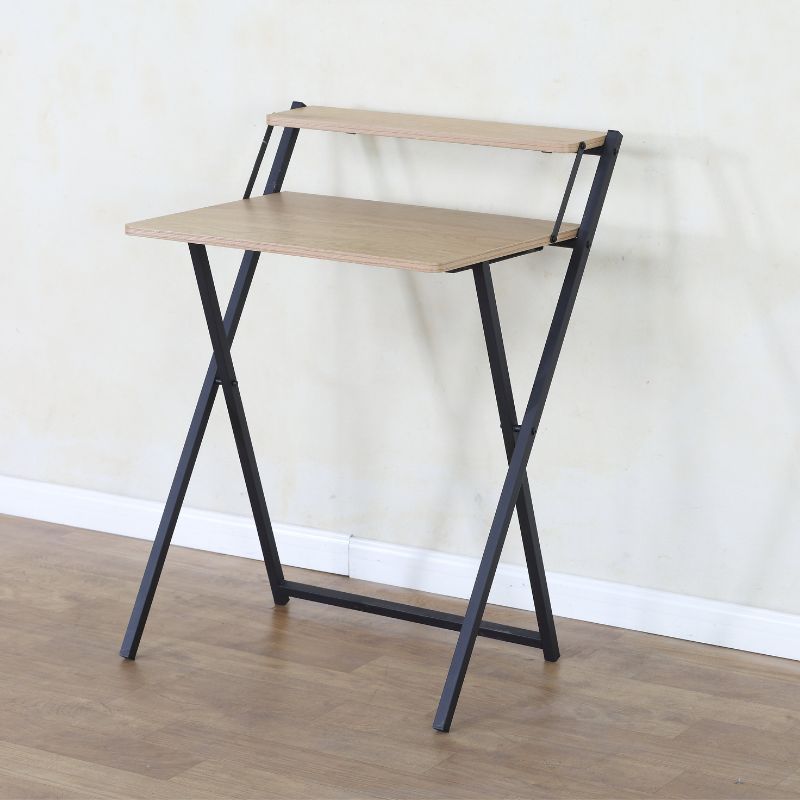Escritorio plegable compacto de madera y metal con repisa superior