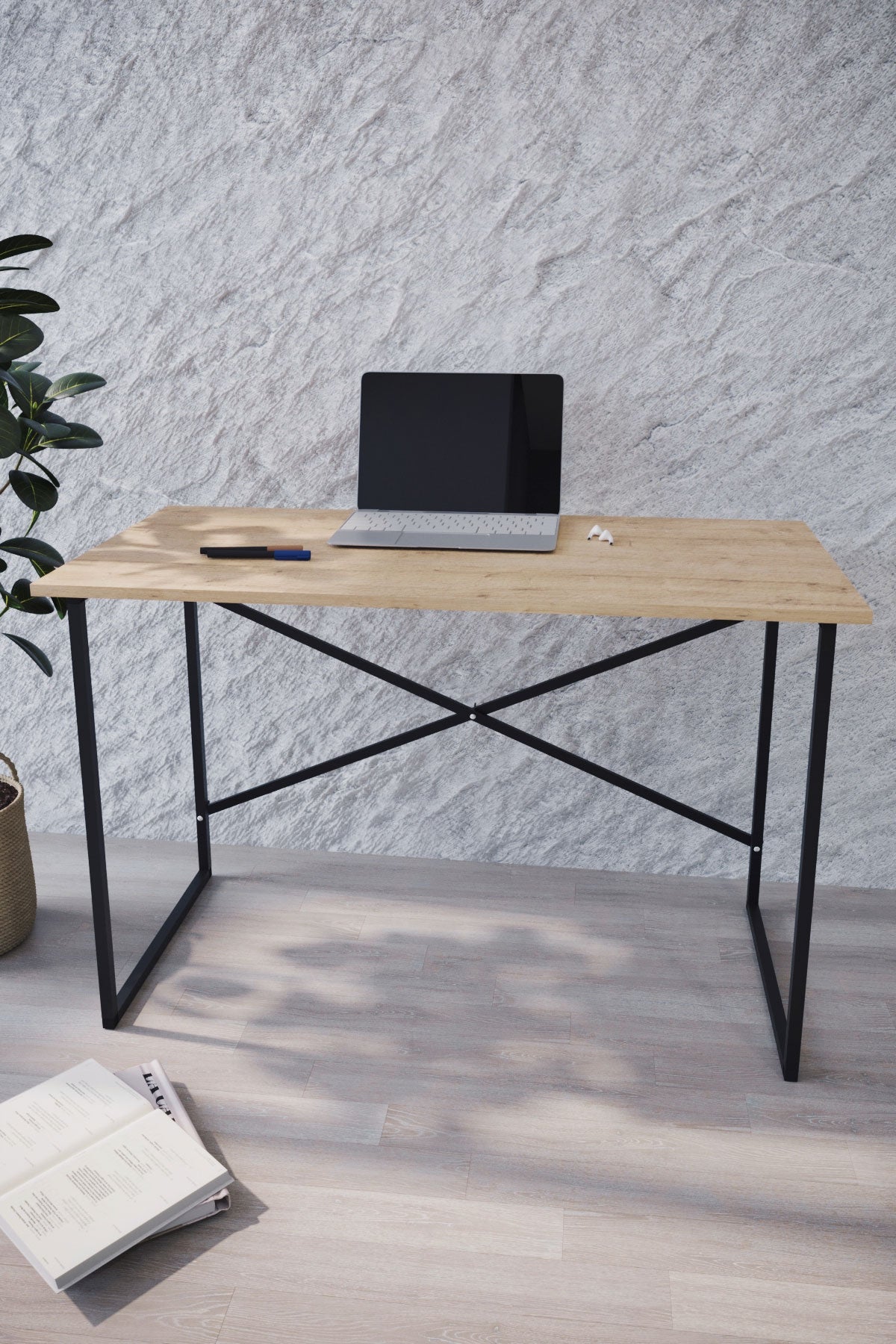 Buyqualia Mesa Escritorio para despacho u Oficina en casa de Estilo Industrial con Estructura de Acero (Ancho 90 cm)