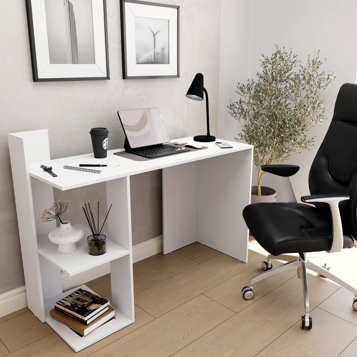 Buyqualia - Mesa Escritorio para despacho u Oficina con Formas Modernas, en Blanco Snow