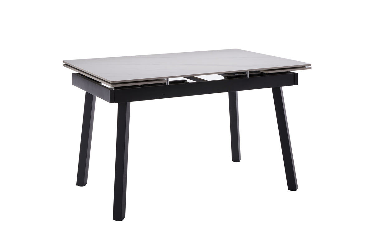 Mesa de comedor extensible con tapa efecto mármol blanco y patas metálicas negras Elegante y moderna