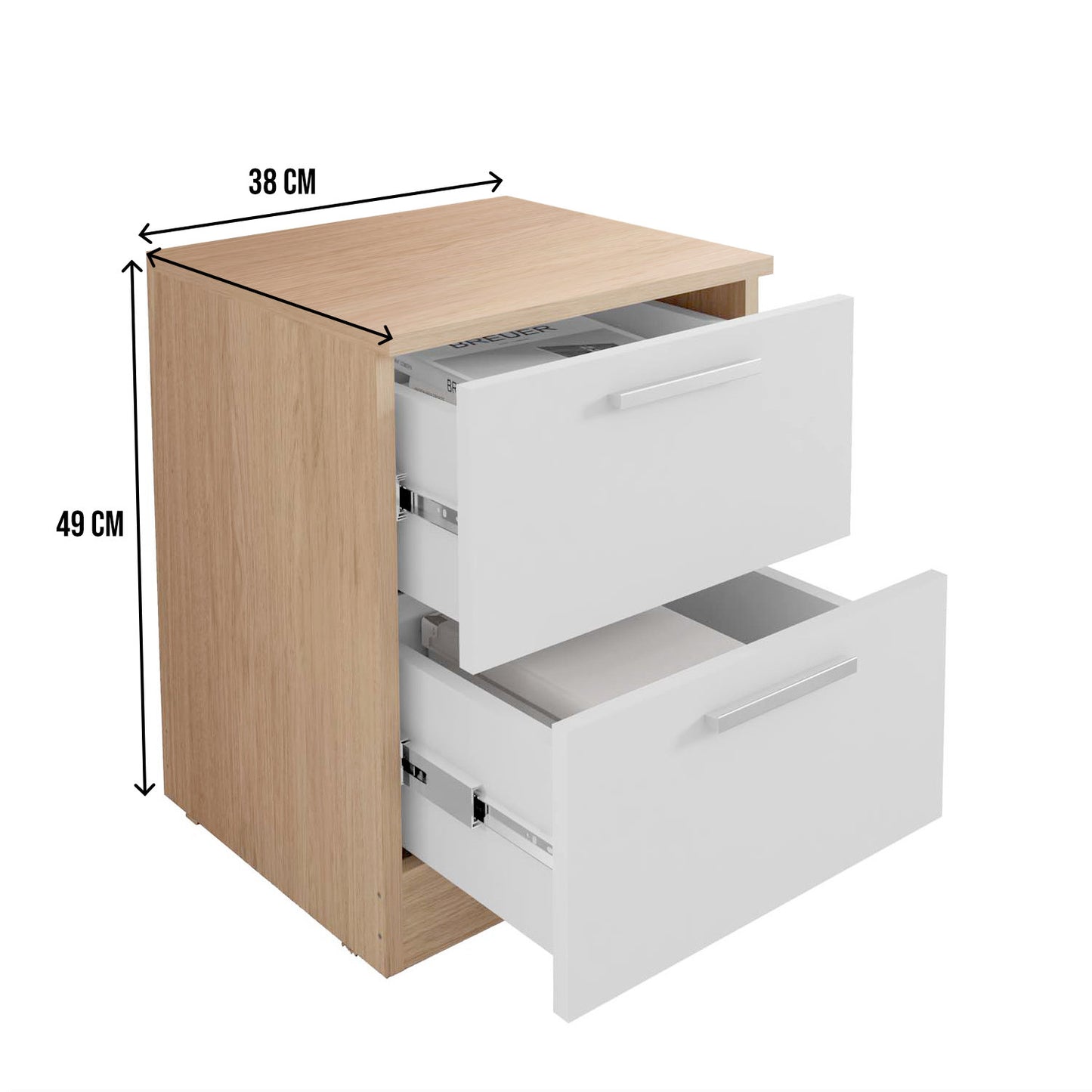 Cabecero tapizado en Color Tierra y Dos mesitas de Dos cajones en Color Blanco - Oak