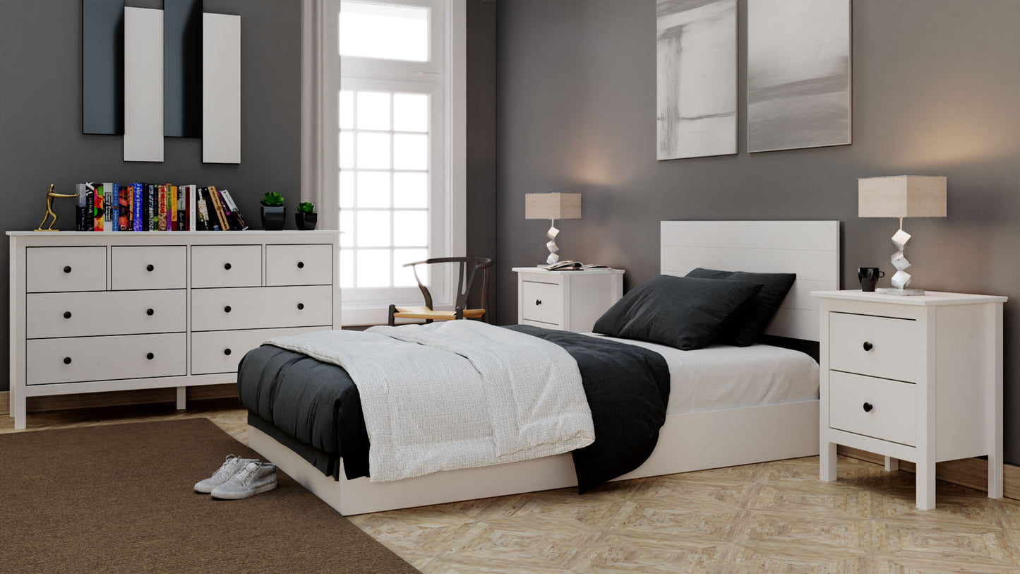 Conjunto de cabecero y Dos mesitas de Noche de Dos cajones en Madera Maciza (Blanco) - Buyqualia