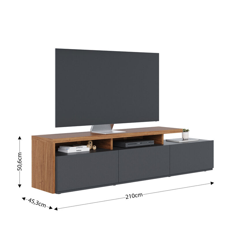 Mueble Bajo de TV - Con Diseño Asimétrico En Madera y Negro Mate - 3 Cajones - 210x51x45 cm - Buyqualia
