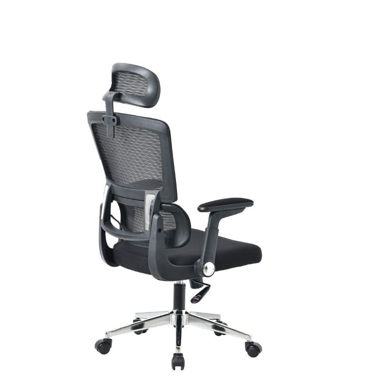 Silla de Oficina Ergonómica Negra – Respaldo alto con cojín cervical, patas metálicas con ruedas - 87x44x54 cm - Buyqualia