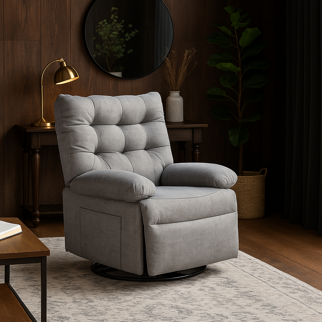 Sillón relax giratorio en tela gris con respaldo capitoné – Cómodo, elegante y funcional, 107x90x84 cm - Buyqualia