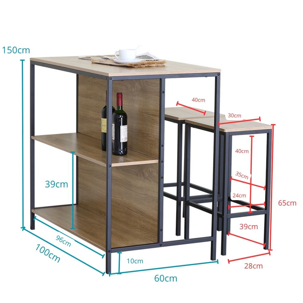 Buyqualia - Set de Mesa Alta con 2 Taburetes y Estantería Lateral 95x100x60 cm – Conjunto de Barra de Cocina, Comedor o Salón, Mesa Alta con Almacenaje