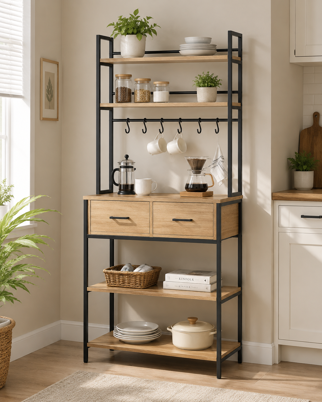 Estantería de Cocina Industrial con Cajones y Repisas de Madera | Mueble Auxiliar con Ganchos para Tazas, Almacenamiento de Microondas y Organizador de Cocina – Negro y Madera Natural - 169x81x38 cm - Buyqualia