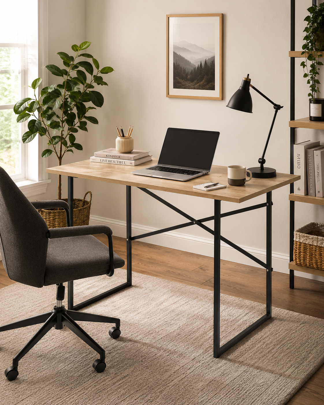 Mesa Escritorio Estilo Industrial Tapa Color Safir y Patas de Acero Negro Escritorio Moderno para Oficina o Estudio