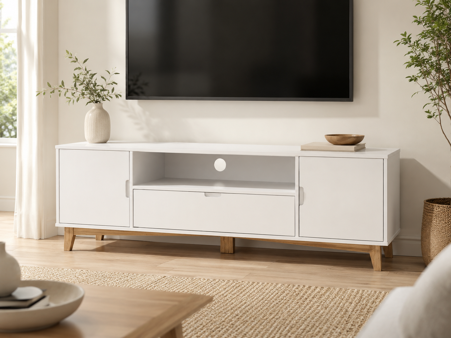 Mueble de TV color pizarra con patas Color Madera – 2 puertas, cajón y espacio abierto con gestión de cables, 52x160x35 cm - Buyqualia