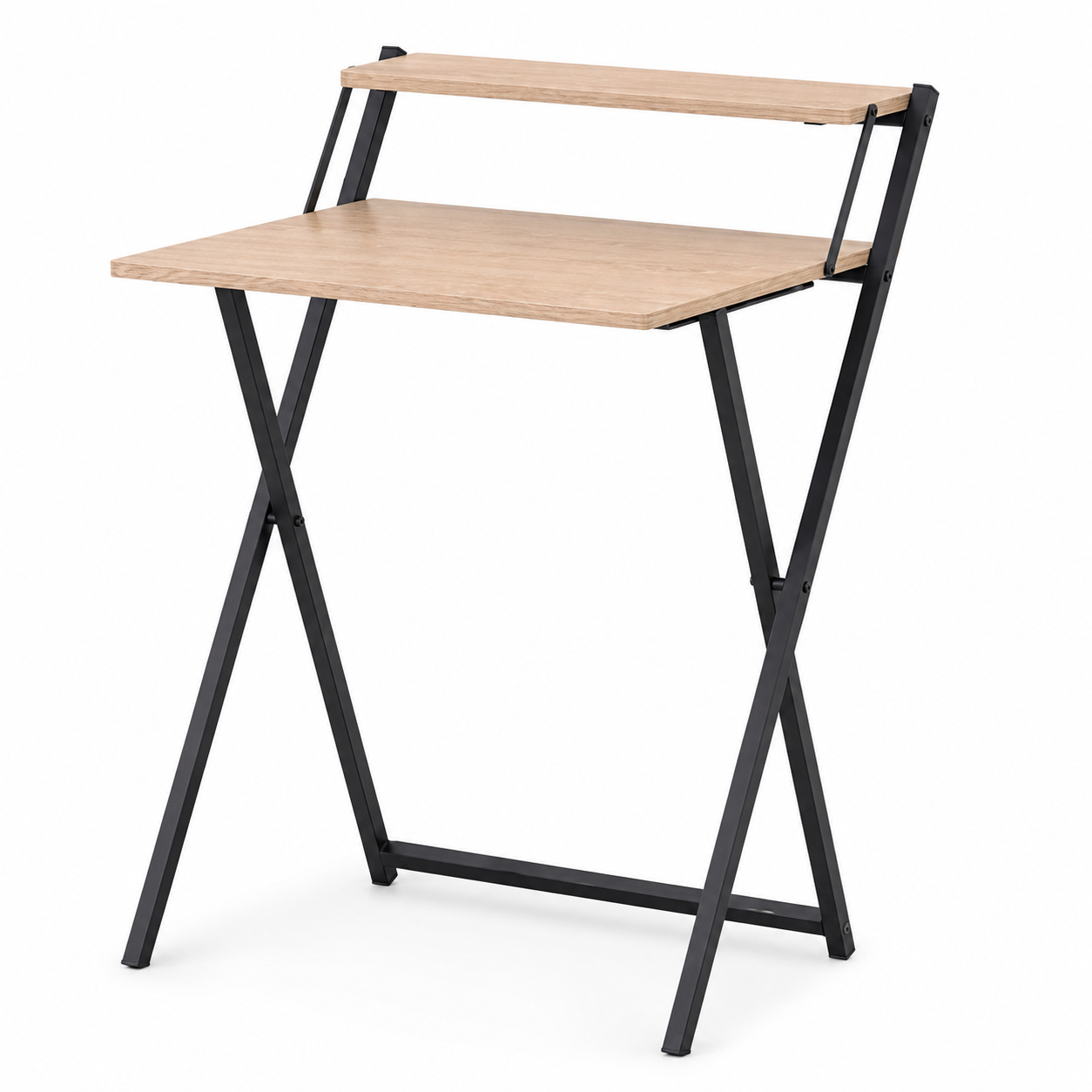 Escritorio plegable compacto de madera y metal con repisa superior
