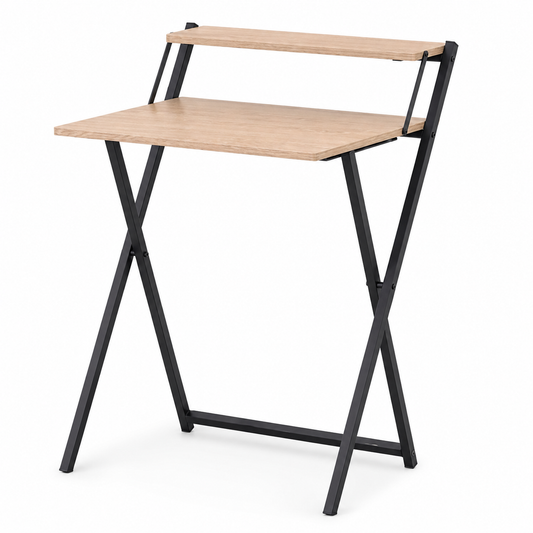 Escritorio plegable compacto de madera y metal con repisa superior