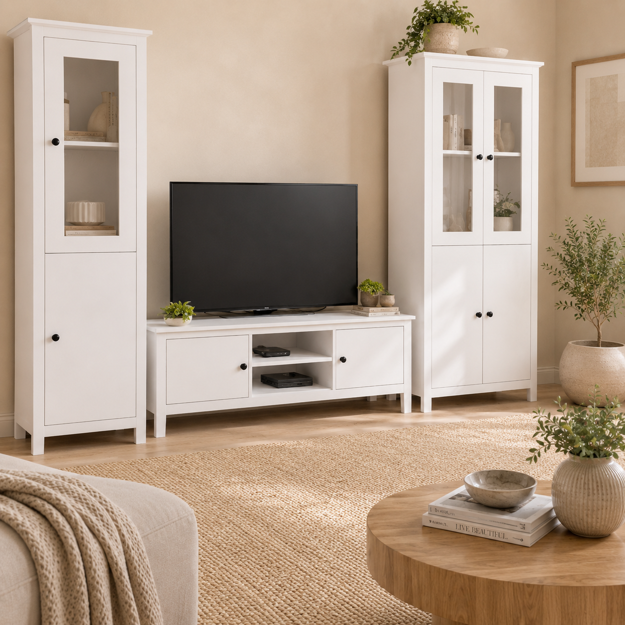Mueble TV Blanco con 2 Puertas y Estantes Centrales Estilo Moderno