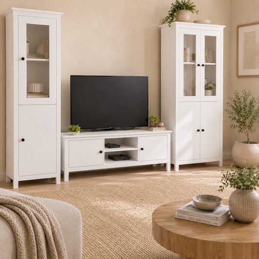 Mueble TV Blanco con 2 Puertas y Estantes Centrales Estilo Moderno