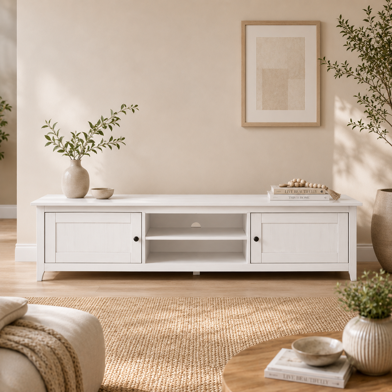 Buyqualia Mesa TV OSMA, 2 Puertas 2 Huecos, 45x180x35, Blanco Abierto (Grande)