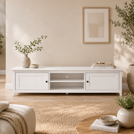 Buyqualia Mesa TV OSMA, 2 Puertas 2 Huecos, 45x180x35, Blanco Abierto (Grande)