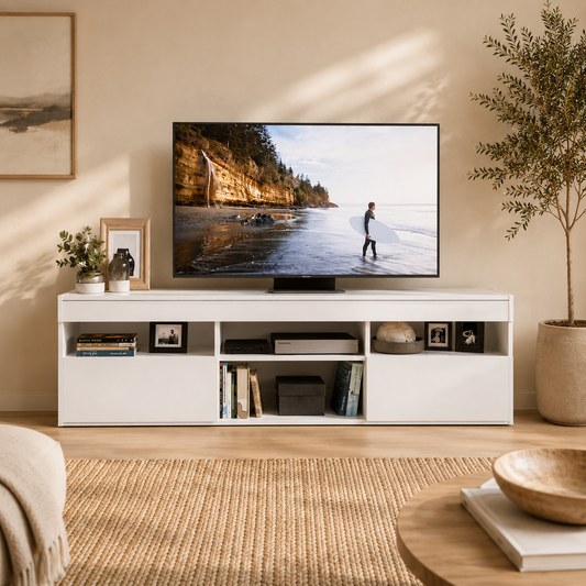 Buyqualia Moderno Mueble para TV Blanco Snow, con Espacios Abiertos y Cerrados, 4 Huecos y 2 Puertas