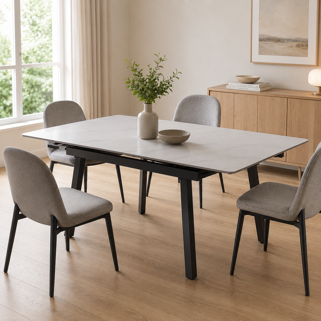 Mesa de comedor extensible con tapa efecto mármol blanco y patas metálicas negras – Elegante y moderna, 120-180x85x77 cm - Buyqualia