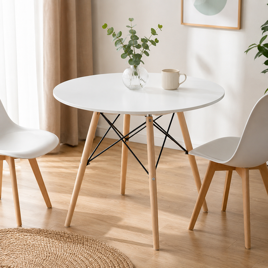 Mesa de comedor blanca con patas color madera natural – Estilo nórdico compacto, en dos Tamaños - Buyqualia