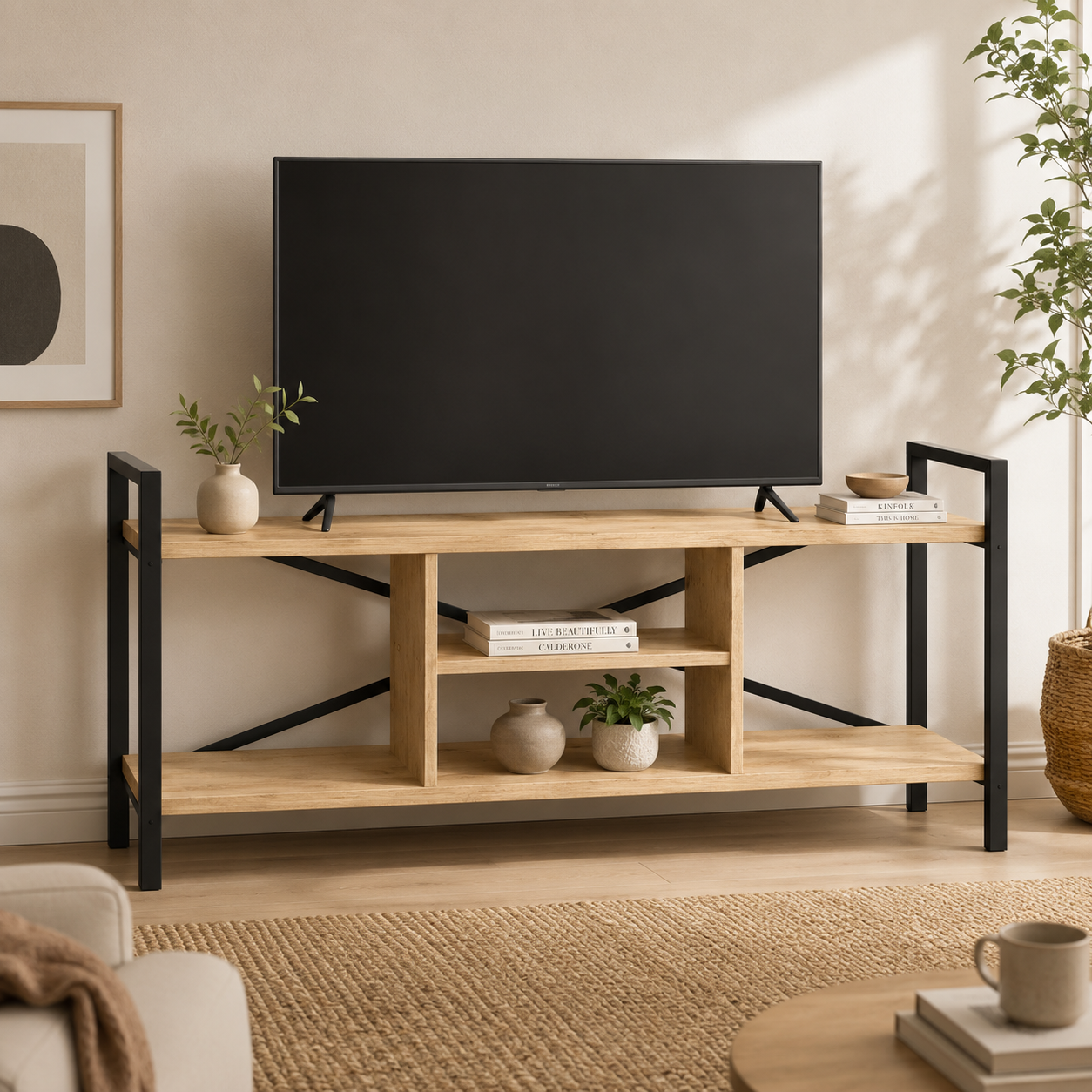 Mesa de tv de estilo industrial con estantes ( alto 61 / ancho 120 / fondo 35 )