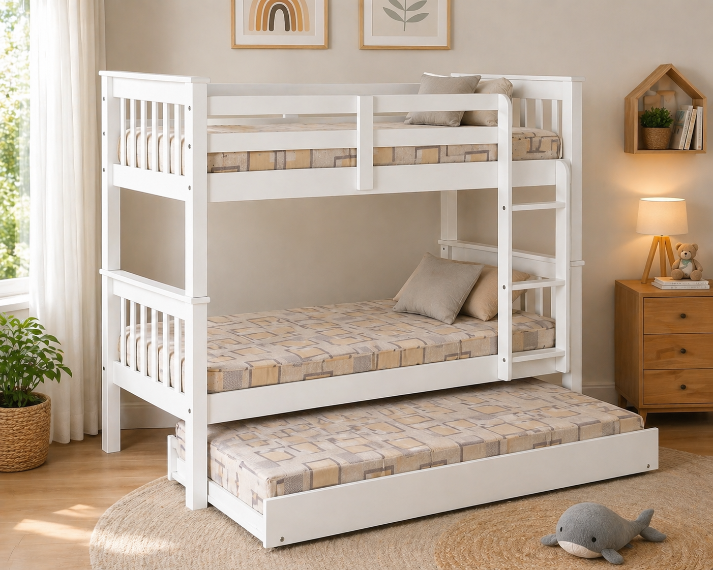 Litera de Madera Blanca con Cama Nido Inferior – 3 Camas Individuales