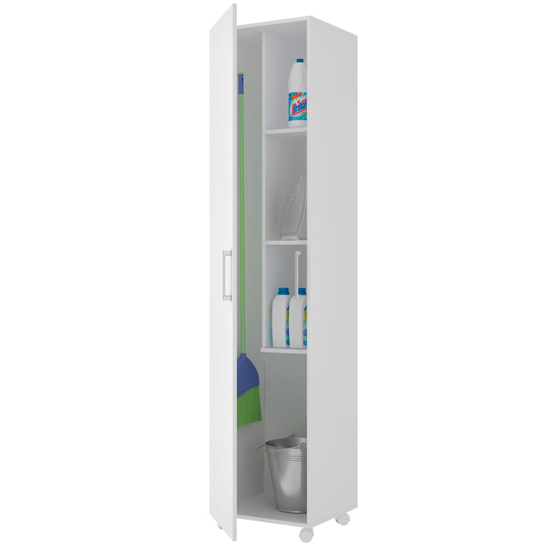 Armario multiusos con ruedas, estantes interiores y espacio para utensilios de limpieza