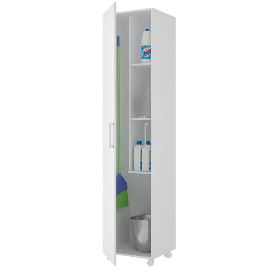 Armario multiusos con ruedas, estantes interiores y espacio para utensilios de limpieza