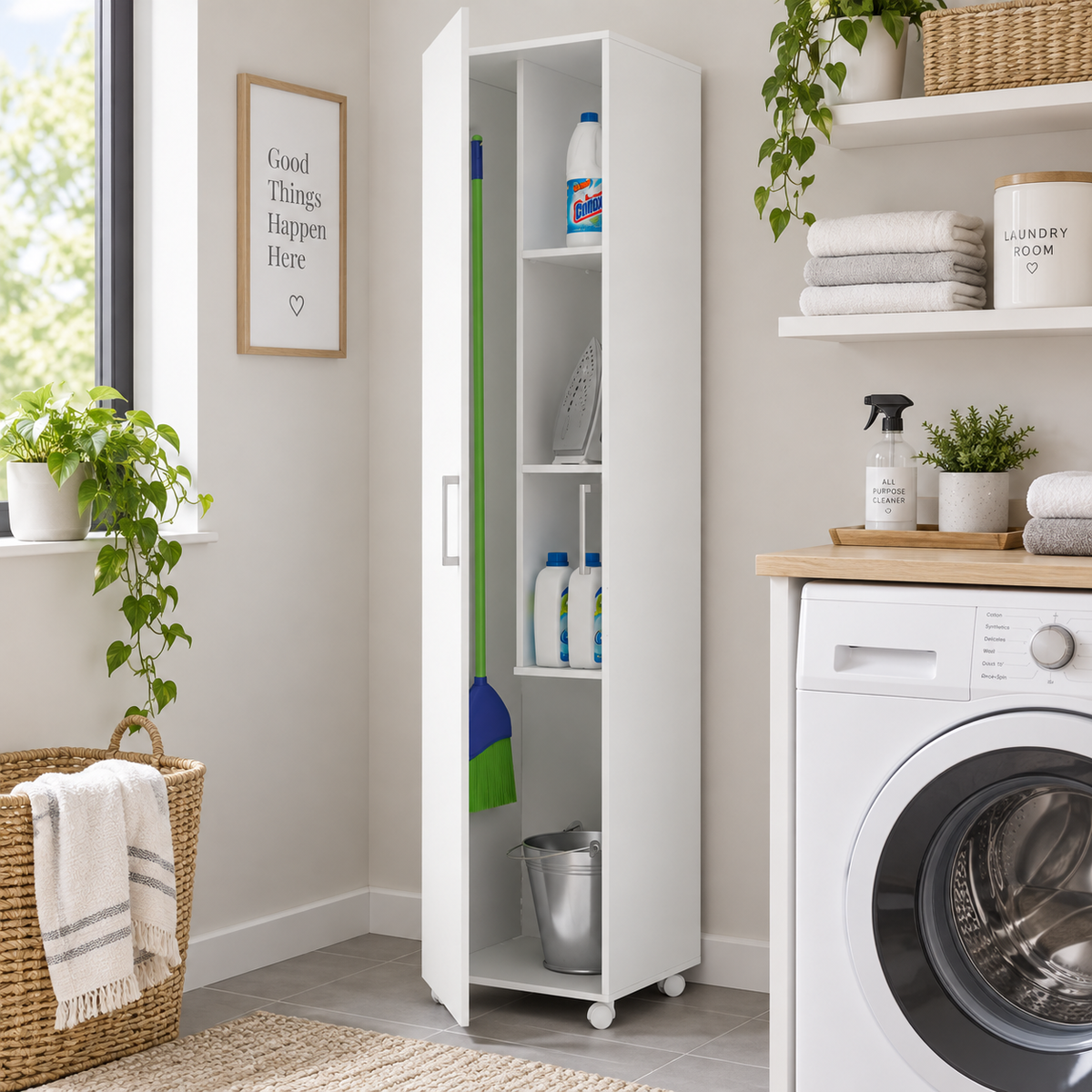 Armario multiusos con ruedas, estantes interiores y espacio para utensilios de limpieza