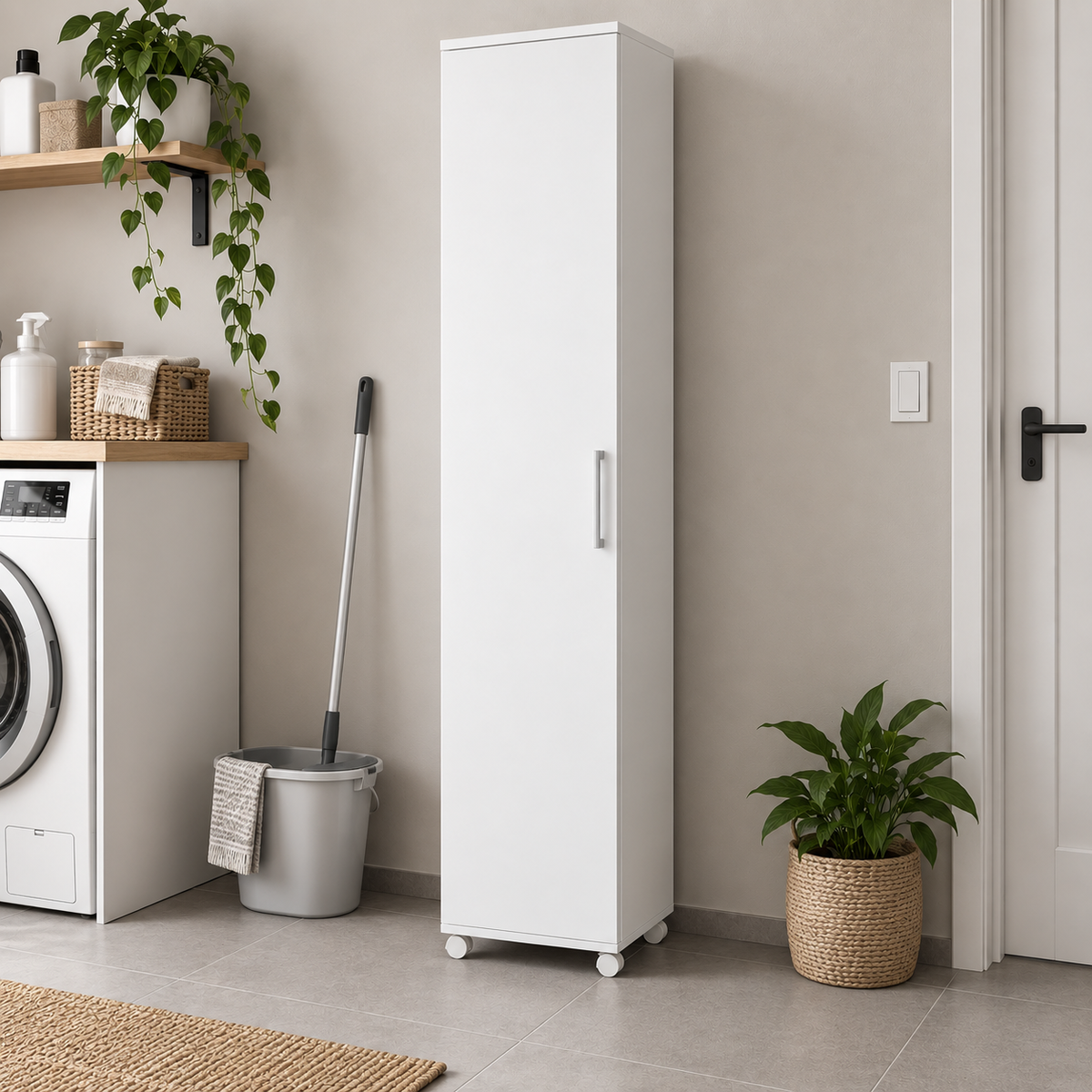 Armario multiusos con ruedas, estantes interiores y espacio para utensilios de limpieza