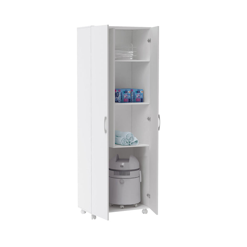 Buyqualia Armario escobero Multiusos Dos Puertas, Ruedas, Color Blanco (alto 183 / ancho 72 / fondo 41) cm