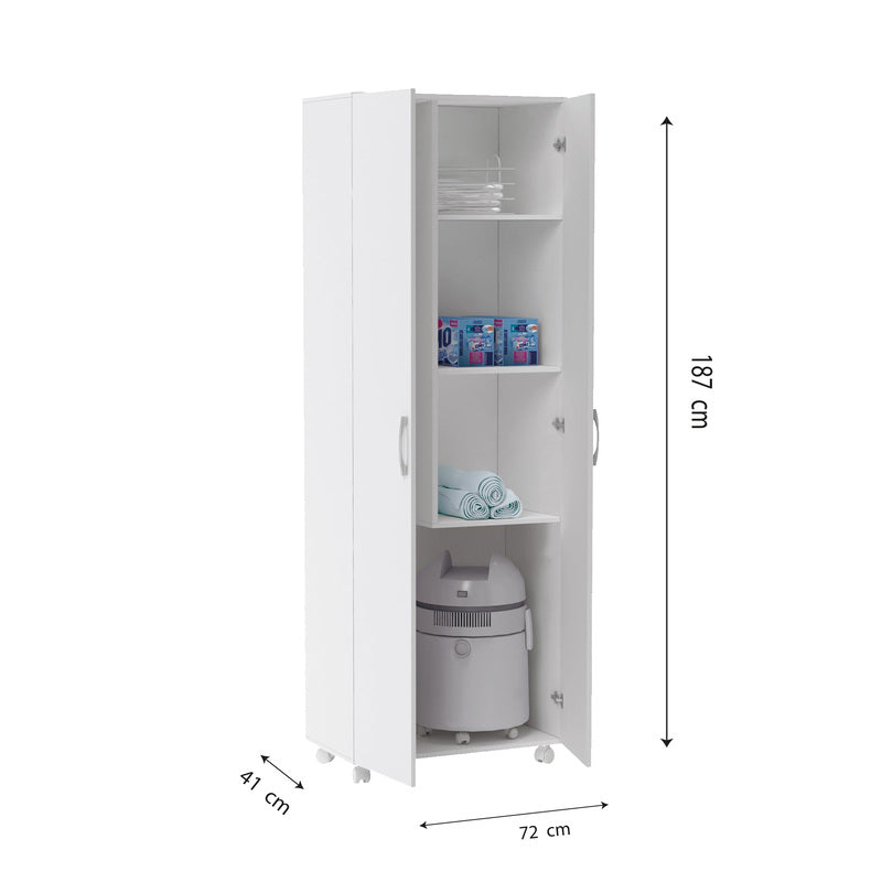 Buyqualia Armario escobero Multiusos Dos Puertas, Ruedas, Color Blanco (alto 183 / ancho 72 / fondo 41) cm