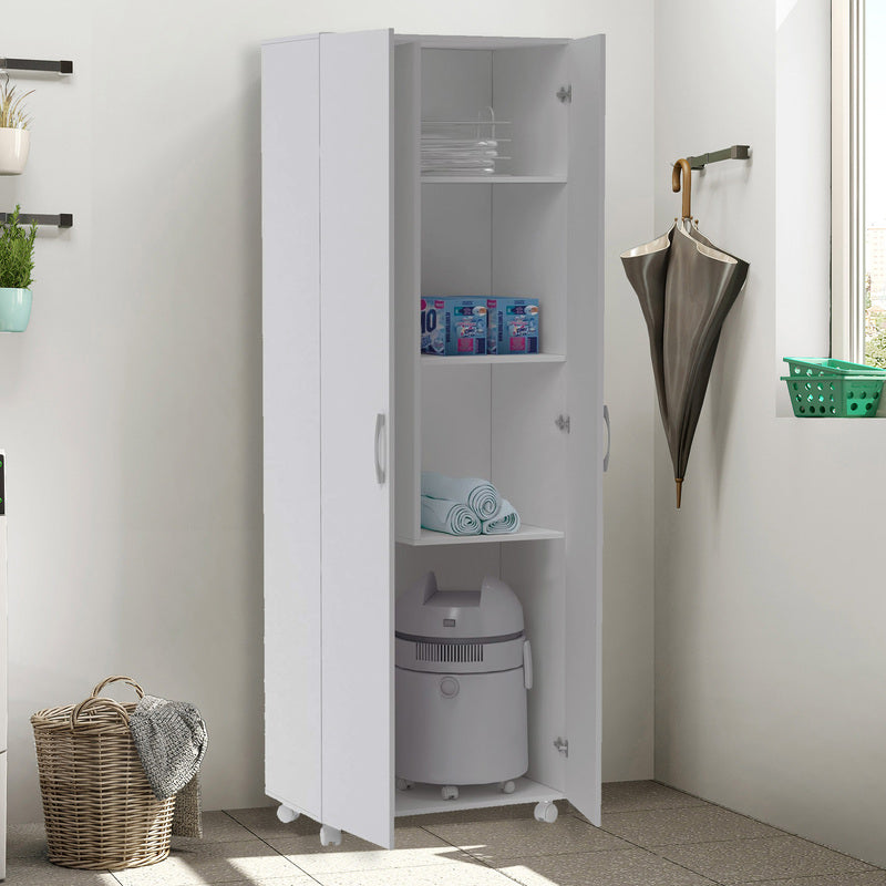 Buyqualia Armario escobero Multiusos Dos Puertas, Ruedas, Color Blanco (alto 183 / ancho 72 / fondo 41) cm