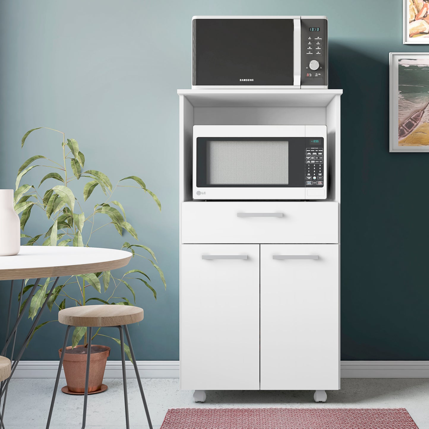 Mueble de Cocina para microondas con ruedas, aparador auxiliar en color Blanco (Alto 118cm / Ancho 61 cm/Fondo 49 cm)